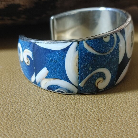 Conch Shell Inlay Swirl Textured Cuff Bracelet Blue Pink White Natural Stone - Picture 9 of 14